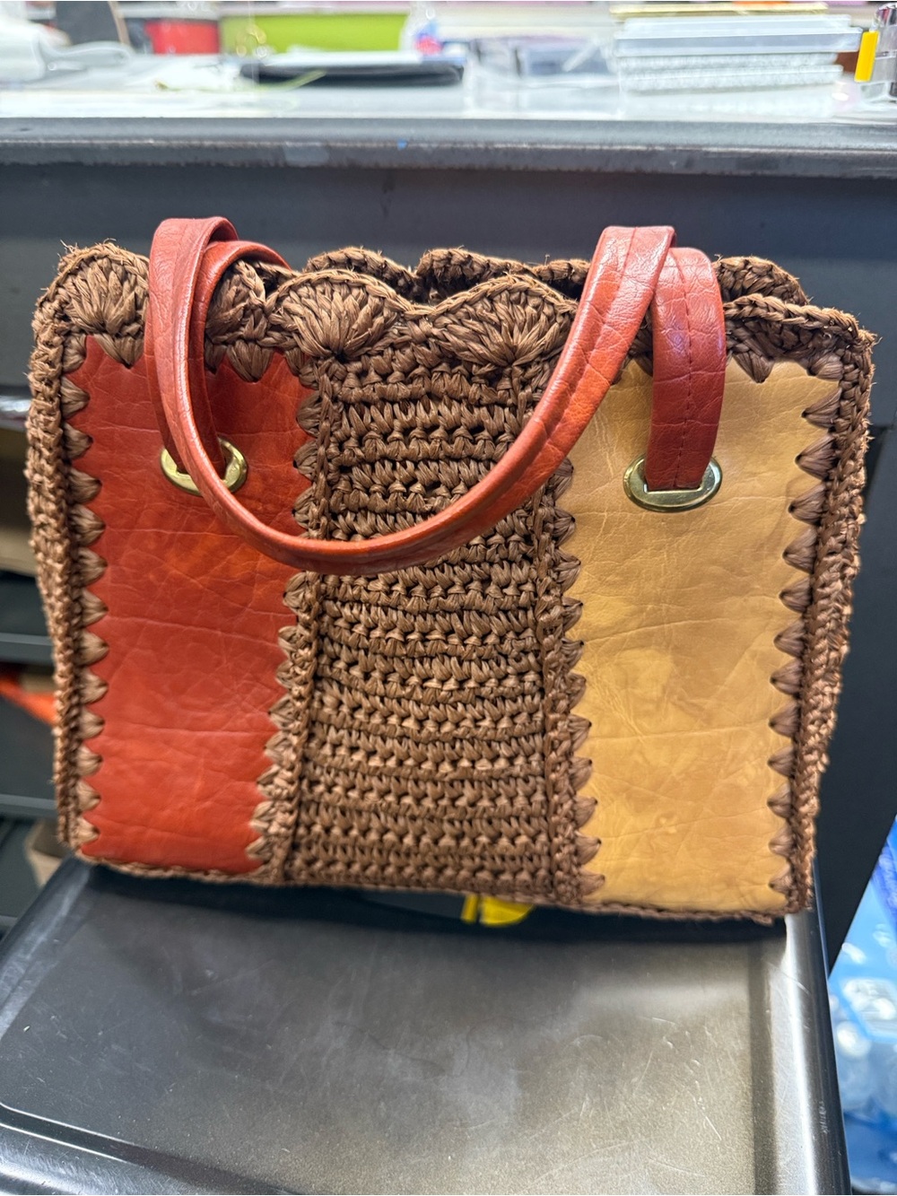 Roger Van S Woven Brown Tote with Red and Tan Leather Panels